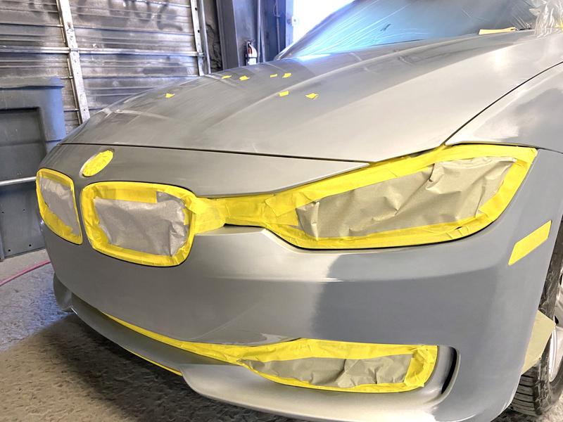 Front of BMW masked off for paint touch up