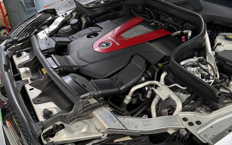 Underhood shot of a Mercedes C43 AMG