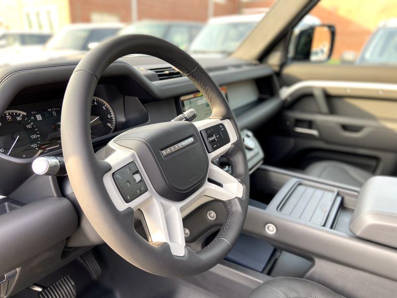 Interior shot of 2020 Land Rover Defender steering wheel