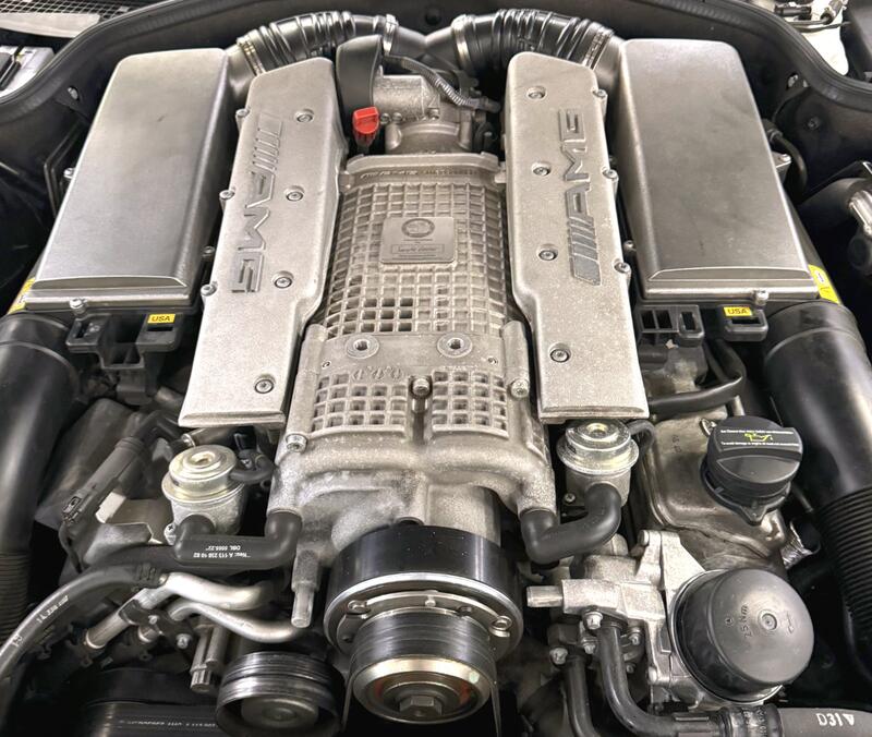 Underhood view of a Mercedes SL55 AMG V8 supercharged engine