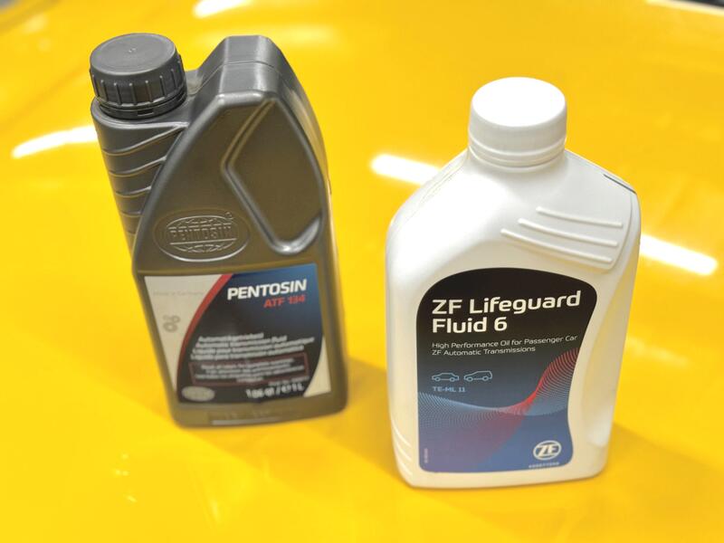 Two bottles of two different types of automatic transmission fluid from ZF and Pentosin